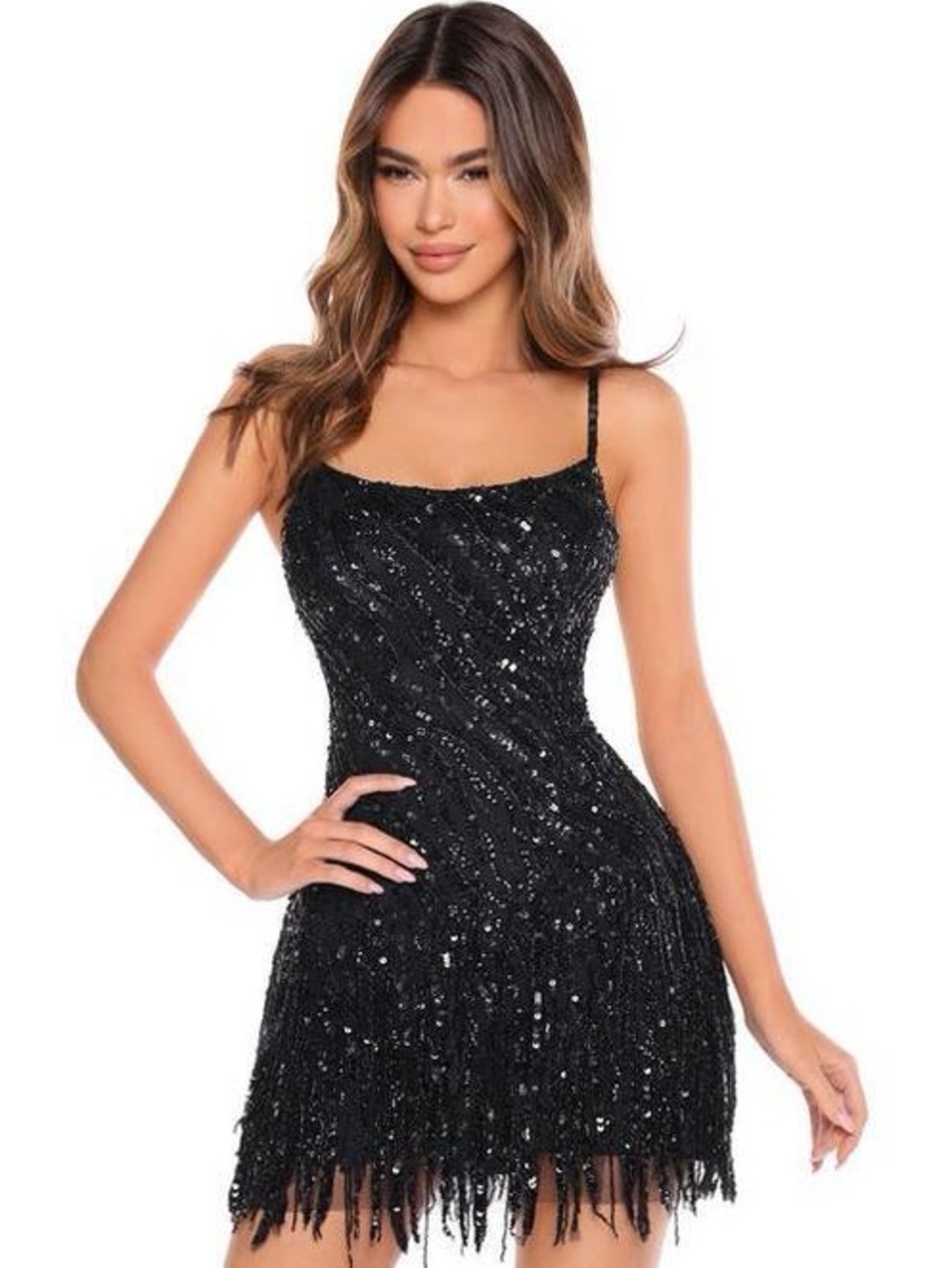 Amarra 94286 Black Sequin Fringe Mini Dress with Spaghetti Straps